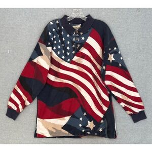 Vintage Cotton Traders American Flag Polo Rugby Shirt Mens Large Long Sleeve AOP